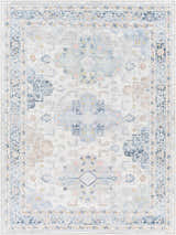 Detailed Tana Washable Area Rug in Arctic Stone, Dark Gray, and Silver Blue with a traditional, floral-inspired pattern. Design-Rectangle-537
