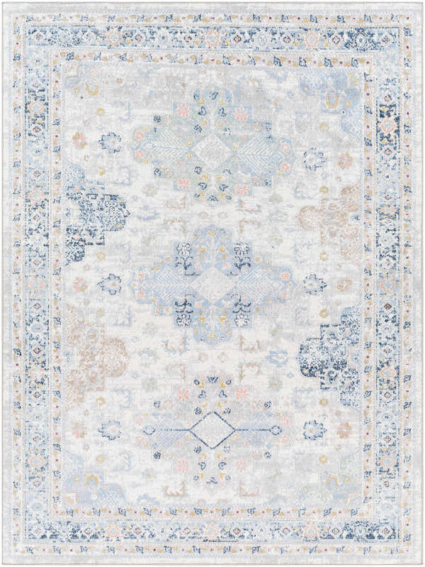 Detailed Tana Washable Area Rug in Arctic Stone, Dark Gray, and Silver Blue with a traditional, floral-inspired pattern. Design-Rectangle-537