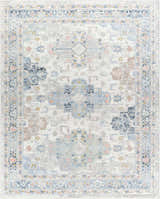 Detailed Tana Washable Area Rug with traditional floral and geometric pattern in arctic stone, blue, gray, and nutmeg. Design-Rectangle-71010