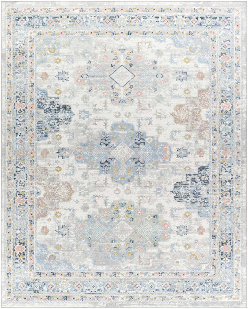 Detailed Tana Washable Area Rug with traditional floral and geometric pattern in arctic stone, blue, gray, and nutmeg. Design-Rectangle-71010