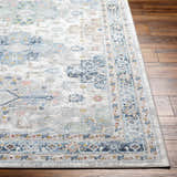 Close-up of the Tana Washable Area Rug in Arctic Stone, showing its traditional pattern and soft texture on hardwood floor. Front