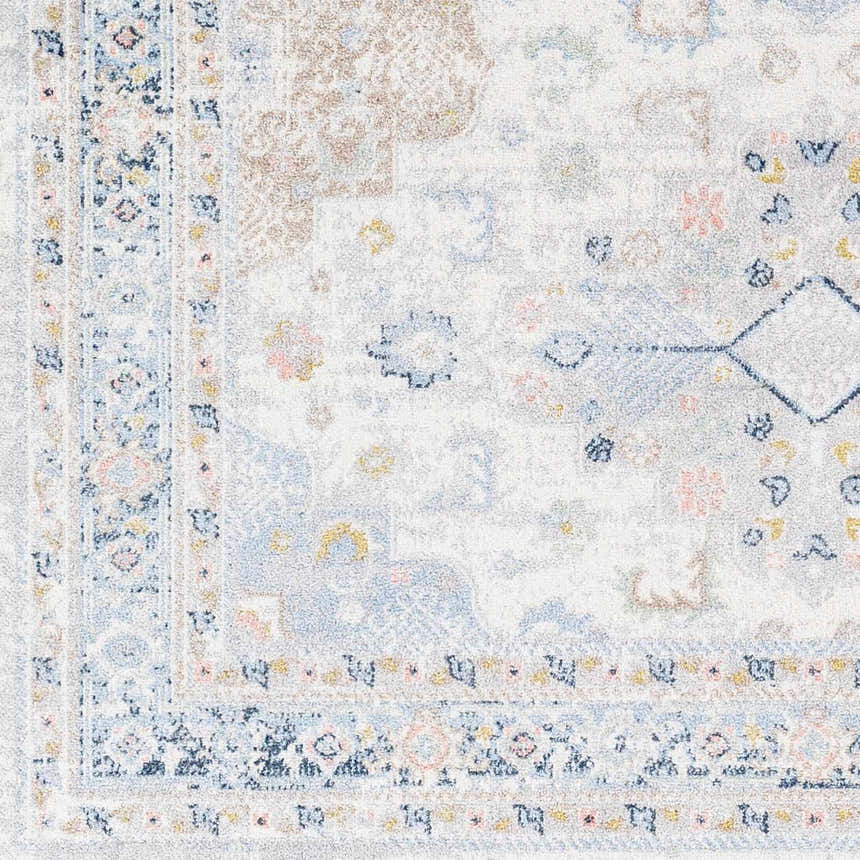 Close-up of the Tana Washable Area Rug in Arctic Stone, showcasing its traditional floral pattern and soft, muted colors. Swatch
