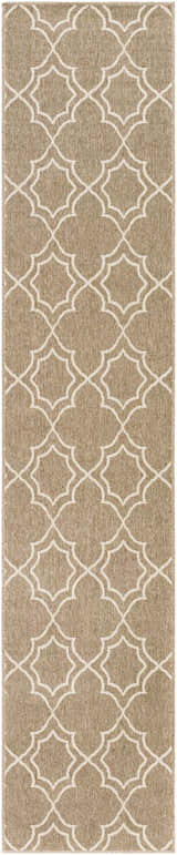 Close-up of the Toledo Area Rug. Beige and light brown olefin rug with a geometric, quatrefoil pattern. Design-Runner-23119