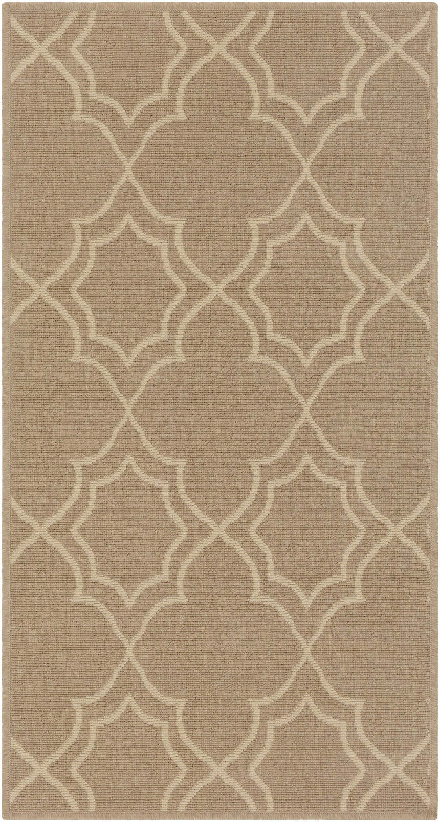 Close-up of the Toledo Area Rug in beige and light beige with a geometric, quatrefoil pattern. Design-Rectangle-23