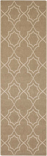 Close-up of the Toledo Area Rug. Beige olefin rug with a light beige quatrefoil pattern. Machine woven. Design-Runner-2379