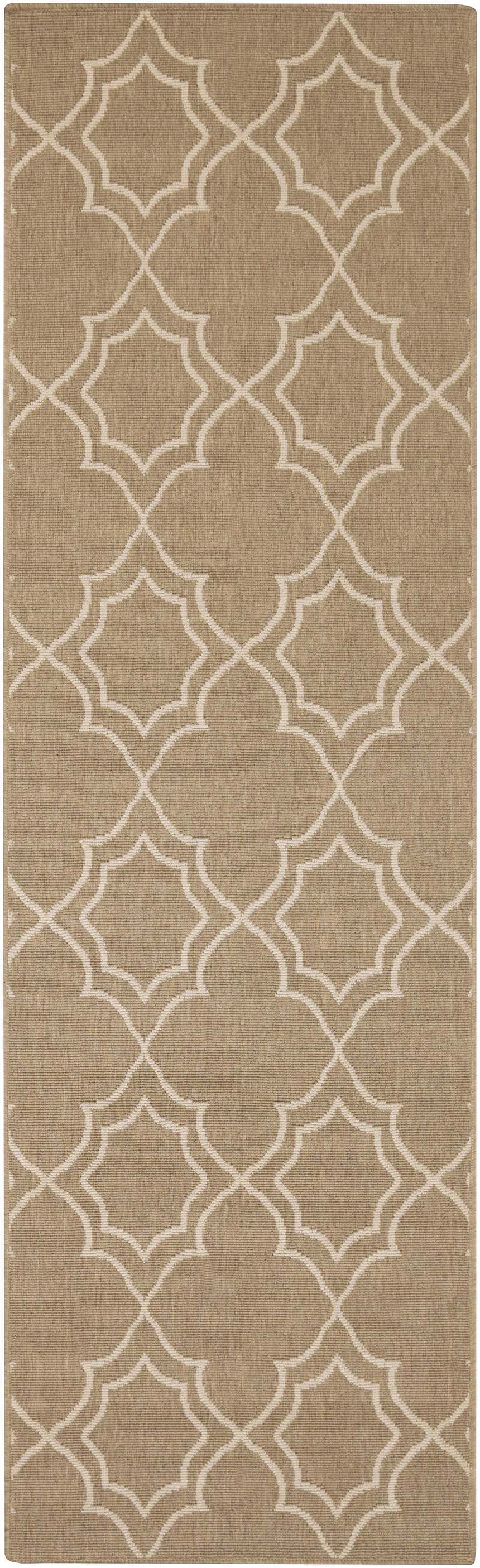 Close-up of the Toledo Area Rug. Beige olefin rug with a light beige quatrefoil pattern. Machine woven. Design-Runner-2379