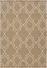 Close-up of the Toledo Area Rug. Beige olefin rug with a light beige quatrefoil pattern. Machine woven. Design-Rectangle-5376