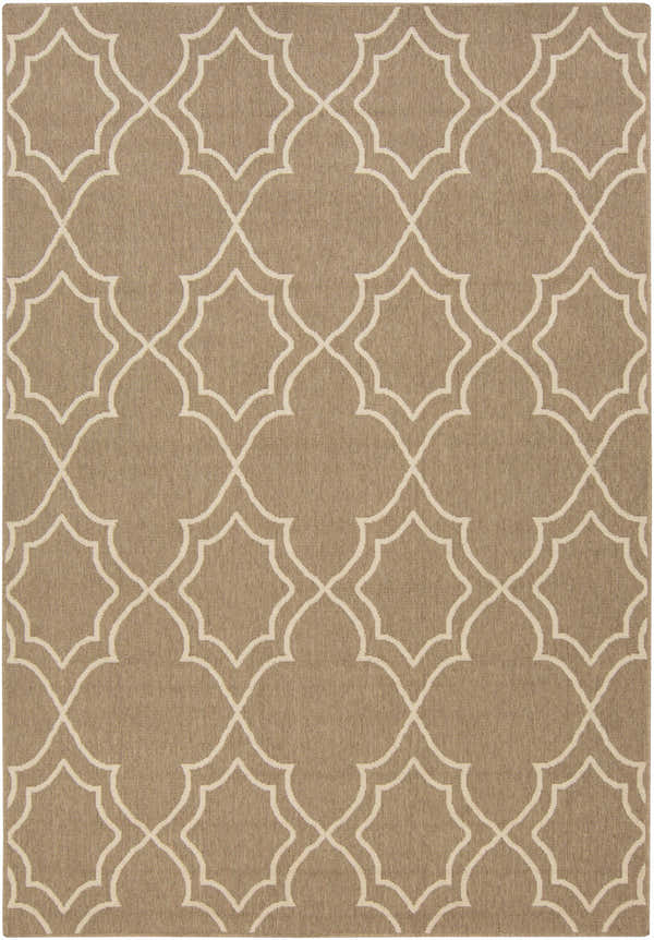 Close-up of the Toledo Area Rug. Beige olefin rug with a light beige quatrefoil pattern. Machine woven. Design-Rectangle-5376