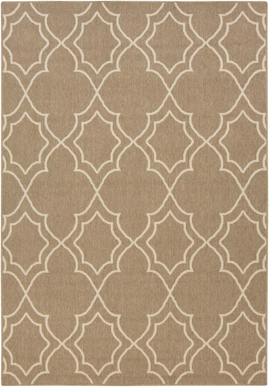 Close-up of the Toledo Area Rug. Beige olefin rug with a light beige quatrefoil pattern. Machine woven. Design-Rectangle-5376