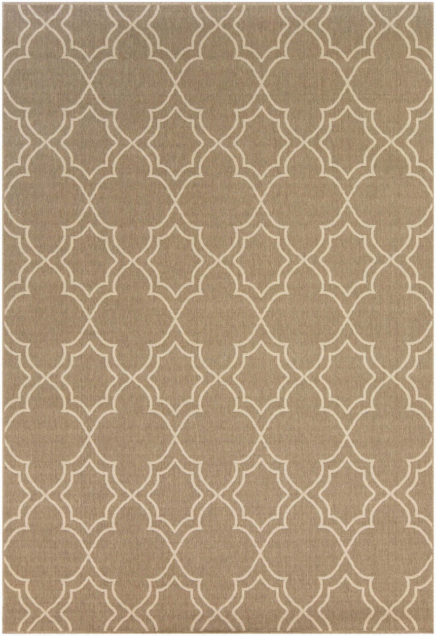 Close-up of the Toledo Area Rug showcasing a beige and light beige geometric trellis pattern. Design-Rectangle-76109