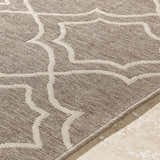 Close-up of the Toledo Area Rug showing its beige and light brown olefin fibers and geometric pattern. Texture