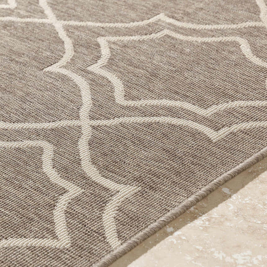 Close-up of the Toledo Area Rug showing its beige and light brown olefin fibers and geometric pattern. Texture
