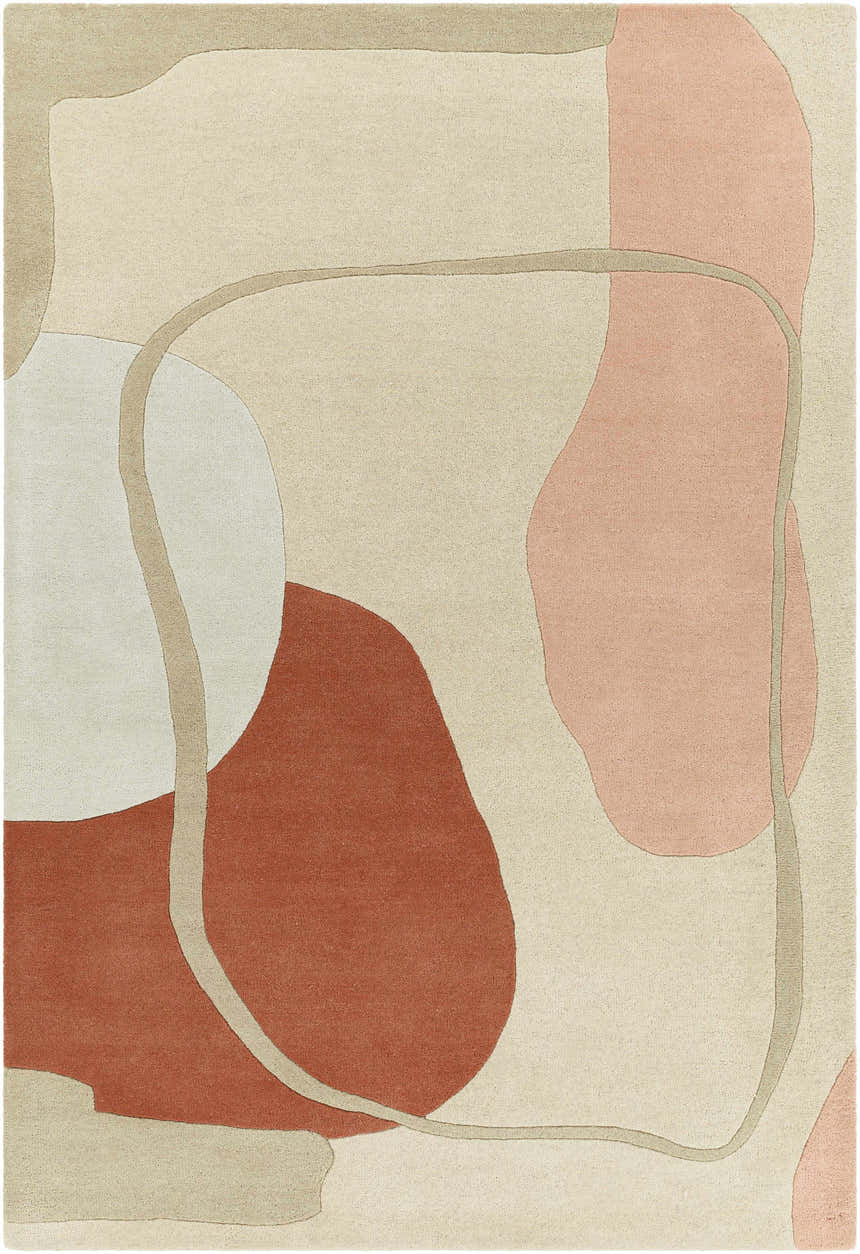 Close-up of the Tomingad Area Rug. Hand-tufted wool rug with geometric shapes in brick red, dusty pink, oatmeal, and taupe. Design-Rectangle-576