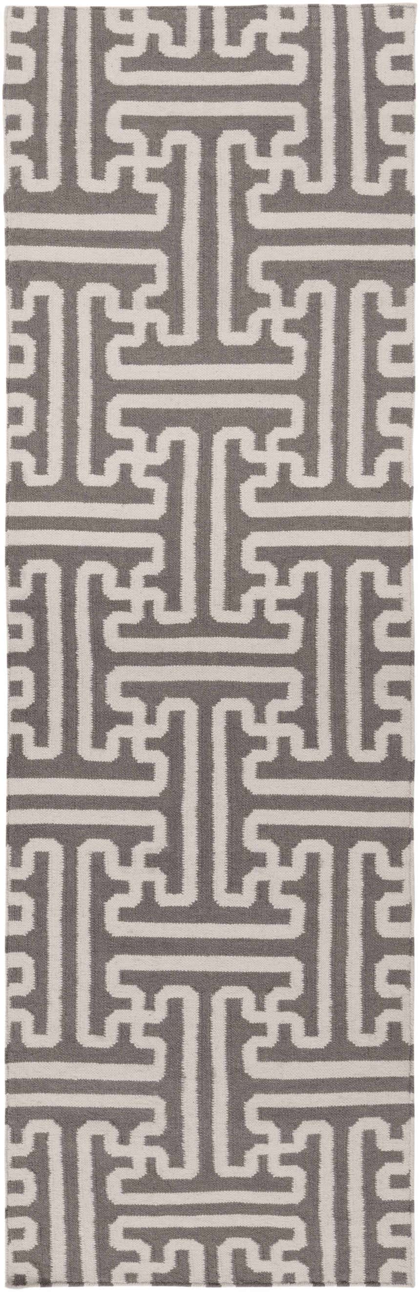 Close-up of the hand woven Tooele Area Carpet. Cream and tan wool rug with a geometric, maze-like pattern. Design-Runner-268