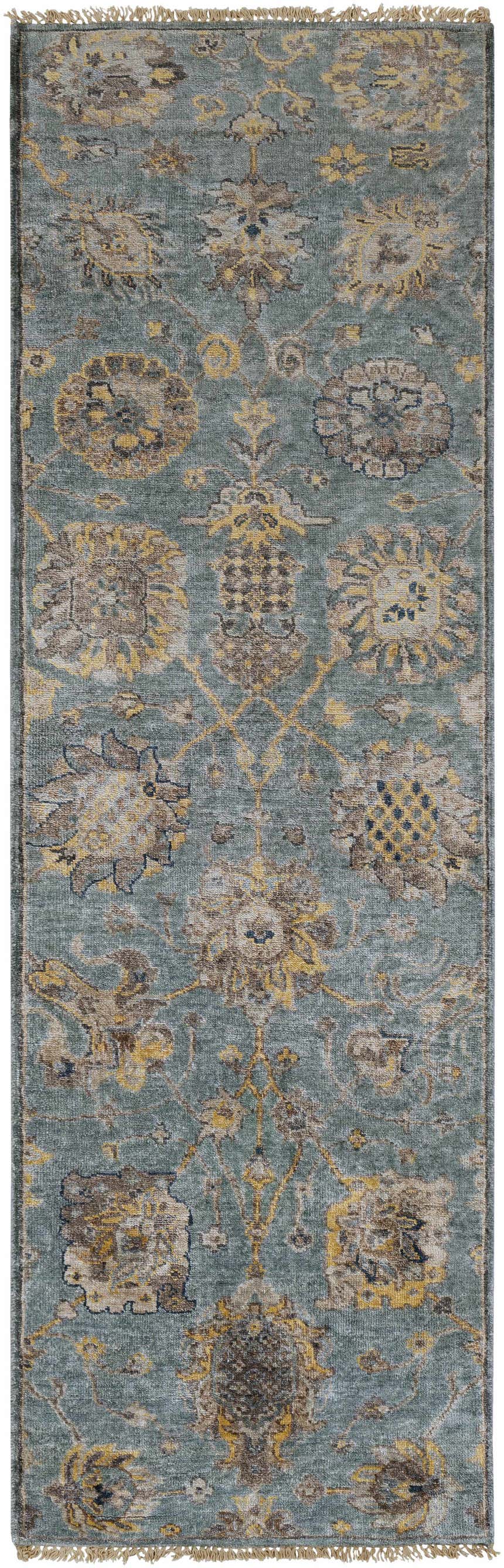 Close-up of the hand-knotted Toquerville Premium Rug in aqua, charcoal, oatmeal, and wheat with a traditional floral pattern. Design-Runner-268