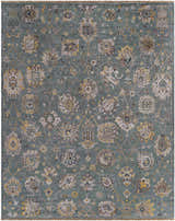 Detailed view of the Toquerville Premium Rug, aqua with charcoal, oatmeal, and wheat floral pattern. Hand-knotted viscose rug. Design-Rectangle-810