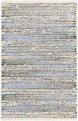 Close-up of the Totolan Area Rug. Hand-woven jute rug with beige, denim, and black horizontal stripes. Coastal farmhouse style. Design-Rectangle-2339