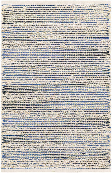 Close-up of the Totolan Area Rug. Hand-woven jute rug with beige, denim, and black horizontal stripes. Coastal farmhouse style. Design-Rectangle-2339