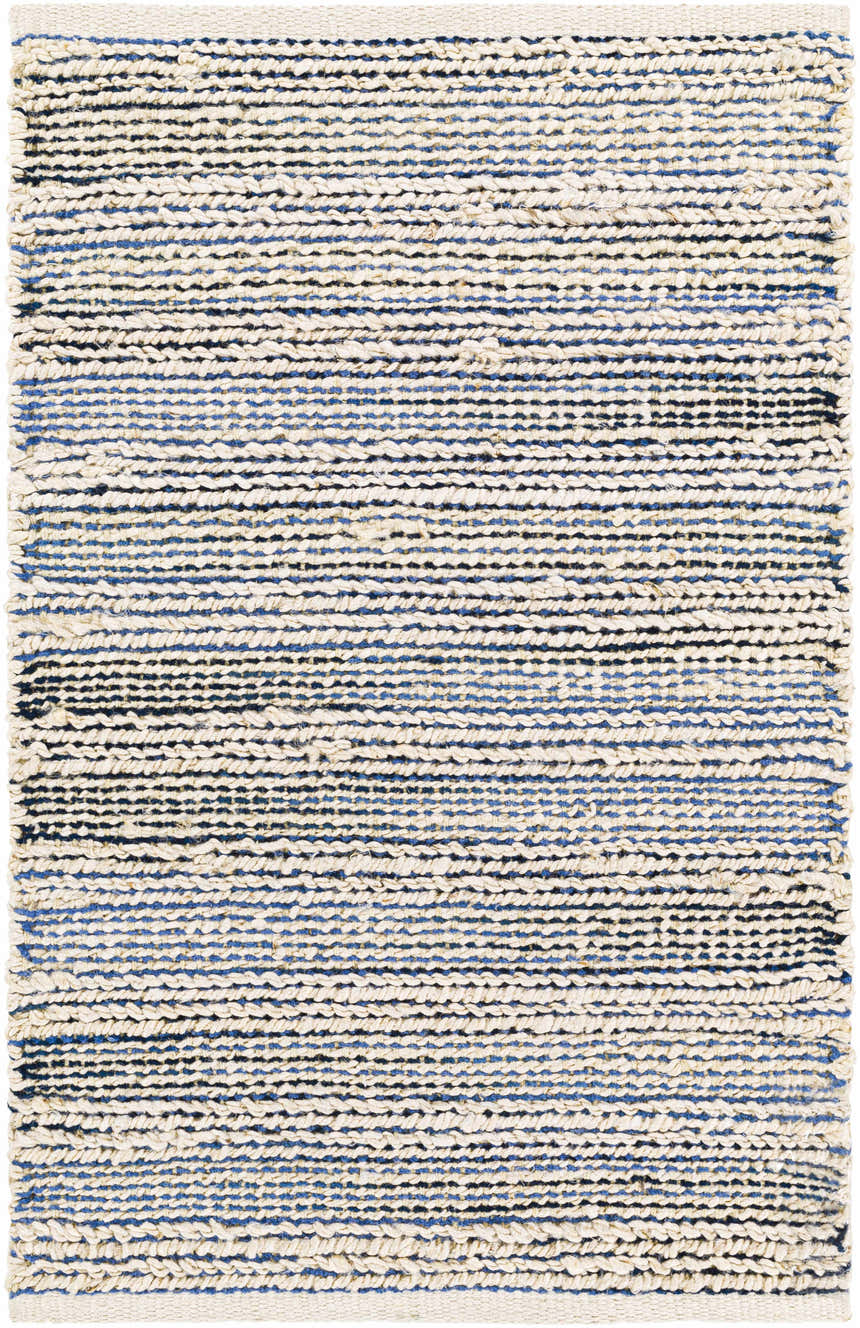 Close-up of the Totolan Area Rug. Hand-woven jute rug with beige, denim, and black horizontal stripes. Coastal farmhouse style. Design-Rectangle-2339