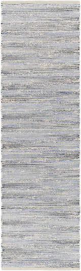 Close-up of the hand woven Totolan Area Rug. Beige jute rug with thin denim blue and black horizontal stripes. Design-Runner-268