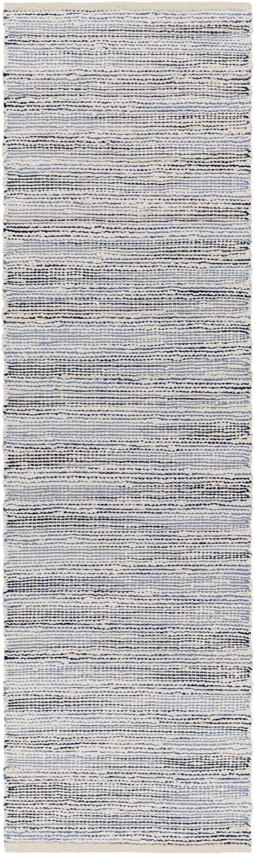 Close-up of the hand woven Totolan Area Rug. Beige jute rug with thin denim blue and black horizontal stripes. Design-Runner-268