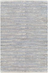 Close-up of the hand woven Totolan Area Rug. Jute rug in beige, denim, and black stripes. Coastal Grandmother style. Design-Rectangle-576