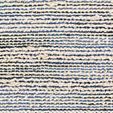 Close-up of hand-woven Totolan Area Rug. Beige jute and denim blue stripes create a textured, coastal design. Swatch