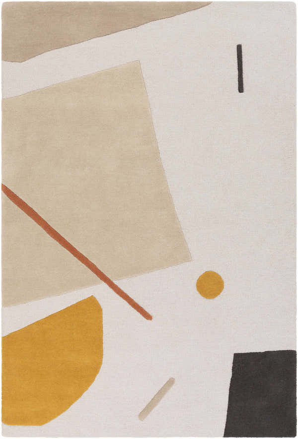 Close-up of Townview Wool Area Rug featuring a geometric design in tan, mustard, brick red, and black on a light gray background. Design-Rectangle-576