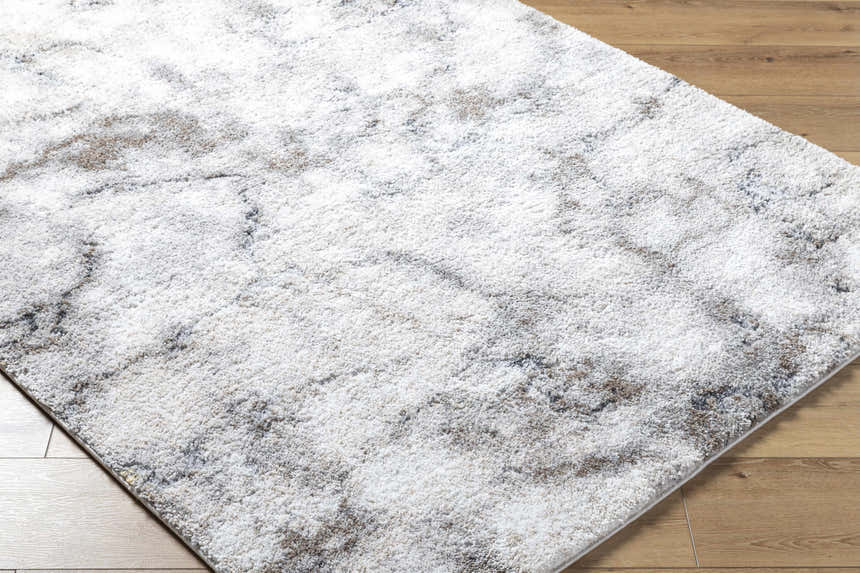 Close-up of the Titan Light Gray Area Rug showing its silver and gray contemporary pattern and soft texture. Corner