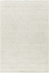 Close-up of the Tyrus Area Rug. Ash, light silver, and off-white wool rug with a geometric square pattern. Design-Rectangle-576