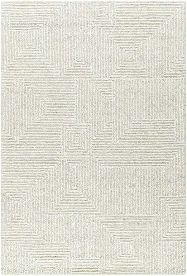 Close-up of the Tyrus Area Rug. Ash, light silver, and off-white wool rug with a geometric square pattern. Design-Rectangle-576