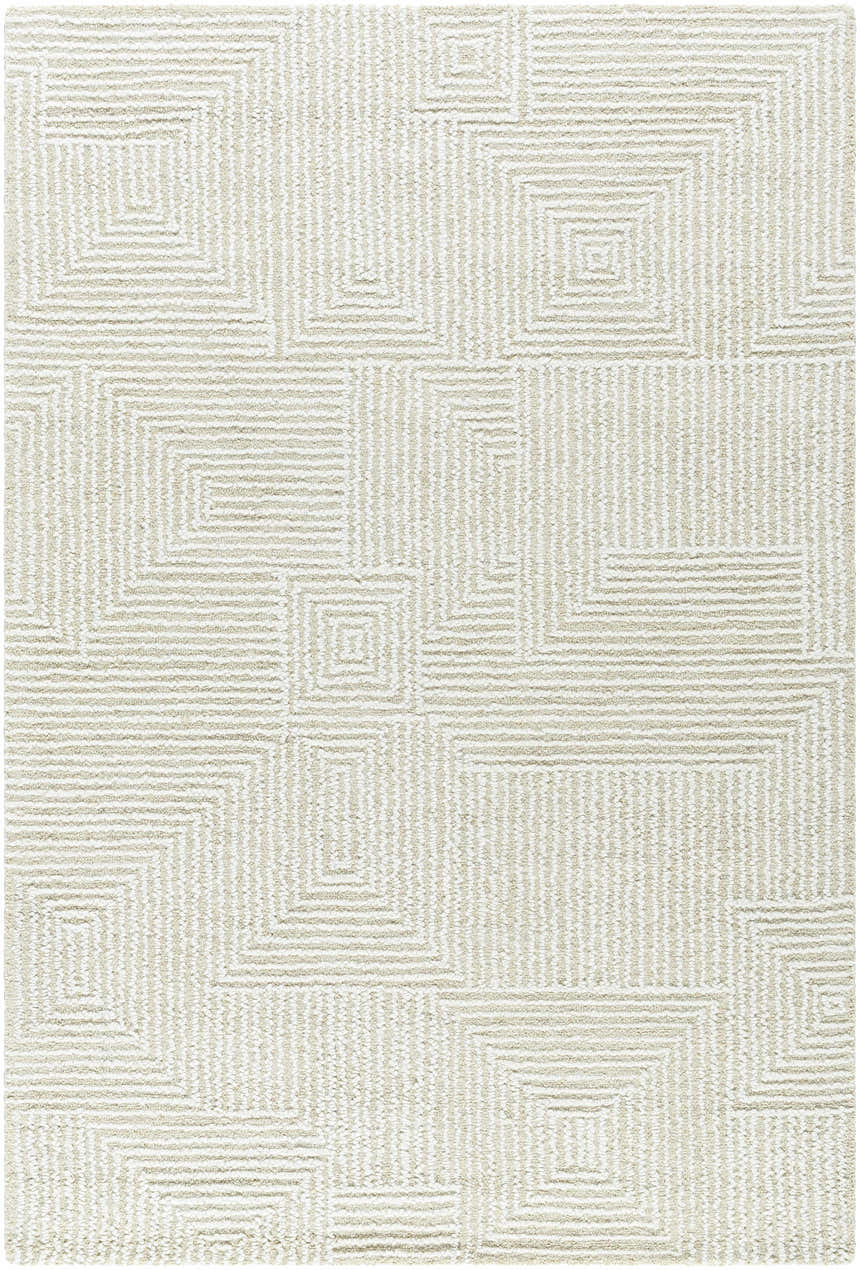 Close-up of the Tyrus Area Rug. Ash, light silver, and off-white wool rug with a geometric square pattern. Design-Rectangle-576