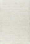 Close-up of the Tyrus Area Rug. Ash, light silver, and off-white wool rug with a geometric square pattern. Design-Rectangle-576