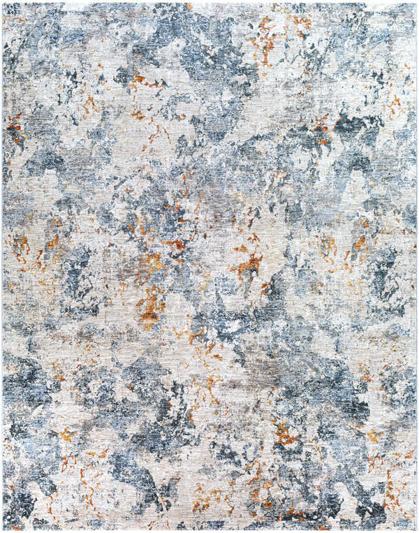 Close-up of the Tracyton Area Rug. Features a contemporary abstract design in cream, light blue, gray, and brick red. Design-Rectangle-710103