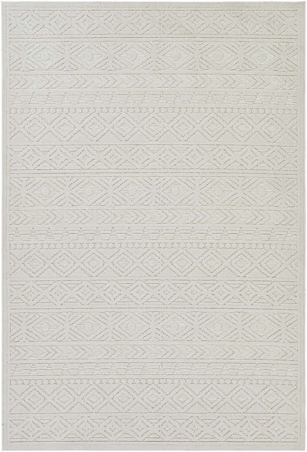 Close-up of the Treuddyn 3D Outdoor Area Rug. Light beige rug with a geometric, bohemian-inspired pattern. Design-Rectangle-5373