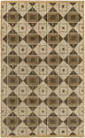 Close-up of the Tribune Premium Wool Area Rug. Hand-knotted wool rug with a geometric pattern in driftwood, taupe, and brown tones. Design-Rectangle-58