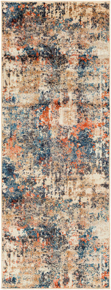 Close-up of the Trinityville Washable Area Rug. Contemporary design with burnt orange, navy, and brown hues. Abstract pattern. Design-Runner-2773