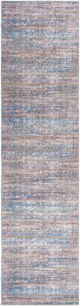 Troupsburg Washable Area Rug in blue, light pink, and tan. Contemporary style with oriental rug pattern. Chenille-polyester texture. Design-Runner-2710