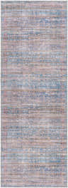 Close-up of Troupsburg Washable Area Rug. Blue, pink, and tan rug with a traditional, distressed Oriental pattern. Chenille polyester texture. Design-Runner-2773