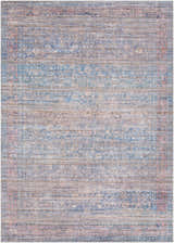 Close-up of the Troupsburg Washable Area Rug. Features blue, pink, and tan colors in a traditional oriental pattern. Design-Rectangle-5373