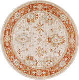Detailed round Tsawwassen rug with brick red, beige, and blue floral oriental pattern. Luxe texture. Design-Round-53