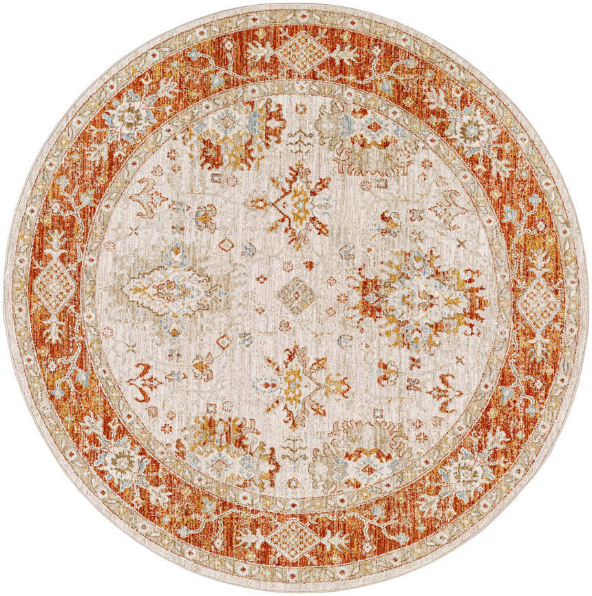 Detailed round Tsawwassen rug with brick red, beige, and blue floral oriental pattern. Luxe texture. Design-Round-53