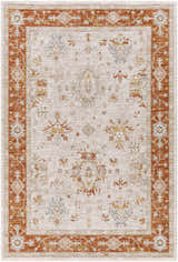 Tsawwassen Thick Luxe Area Rug with brick red border and light beige, blue, and gold traditional-style pattern. Design-Rectangle-575