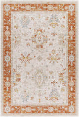 Tsawwassen Thick Luxe Area Rug: Brick red border, light beige center with floral and oriental accents in blue, gold, and rust. Design-Rectangle-6796