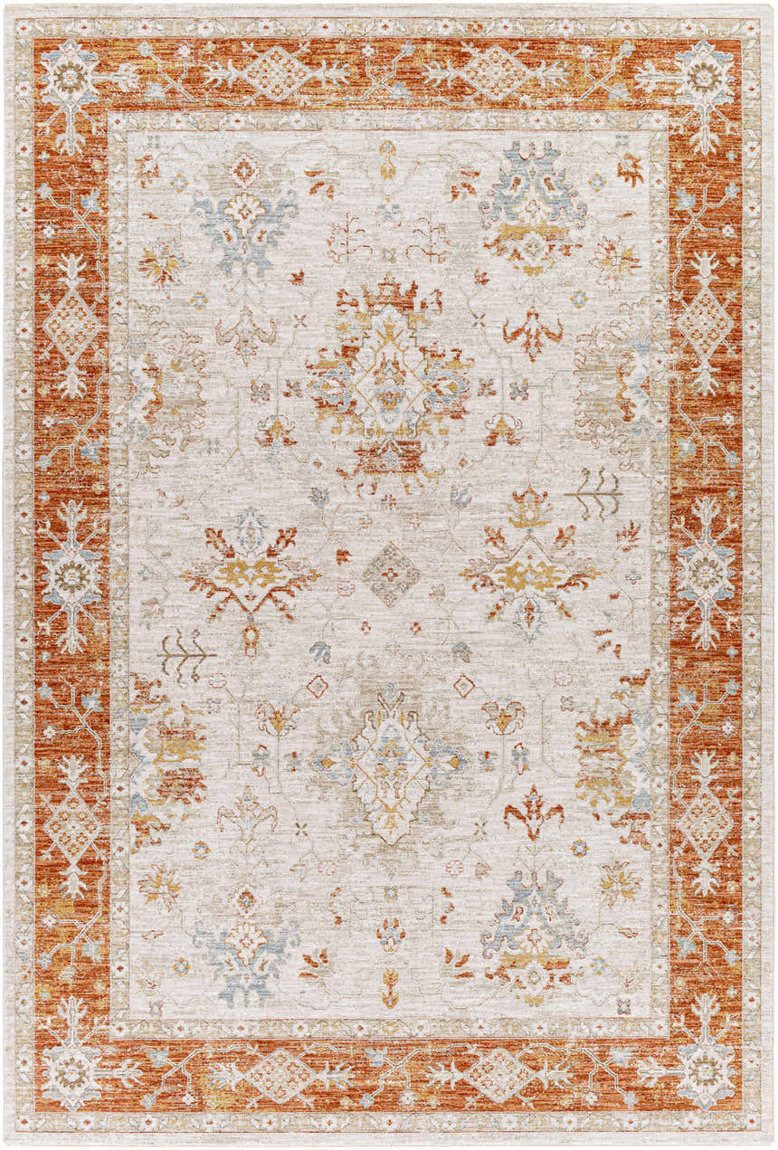 Tsawwassen Thick Luxe Area Rug: Brick red border, light beige center with floral and oriental accents in blue, gold, and rust. Design-Rectangle-6796