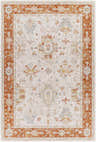 Tsawwassen Thick Luxe Area Rug: Brick red border, light beige center with floral and oriental accents in blue, gold, and rust. Design-Rectangle-6796