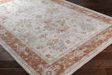 Close-up of Tsawwassen Thick Luxe Area Rug. Features brick red, light beige, and blue traditional patterns. Machine woven texture. Corner