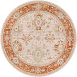 Round Tsawwassen Thick Luxe Area Rug. Oriental style rug in brick red, beige, and blue tones. Machine woven polyester rug. Design-Round-67