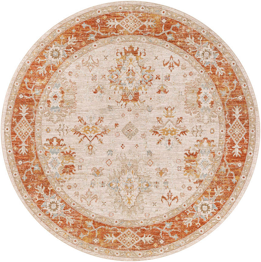 Round Tsawwassen Thick Luxe Area Rug. Oriental style rug in brick red, beige, and blue tones. Machine woven polyester rug. Design-Round-67