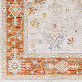 Close-up of the Tsawwassen Thick Luxe Area Rug showing brick red, beige, and blue traditional pattern and texture. Swatch